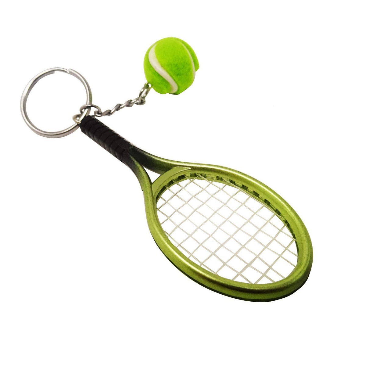 Mini tennis racket keychain with round ring, black handle, green racket, green tennis ball