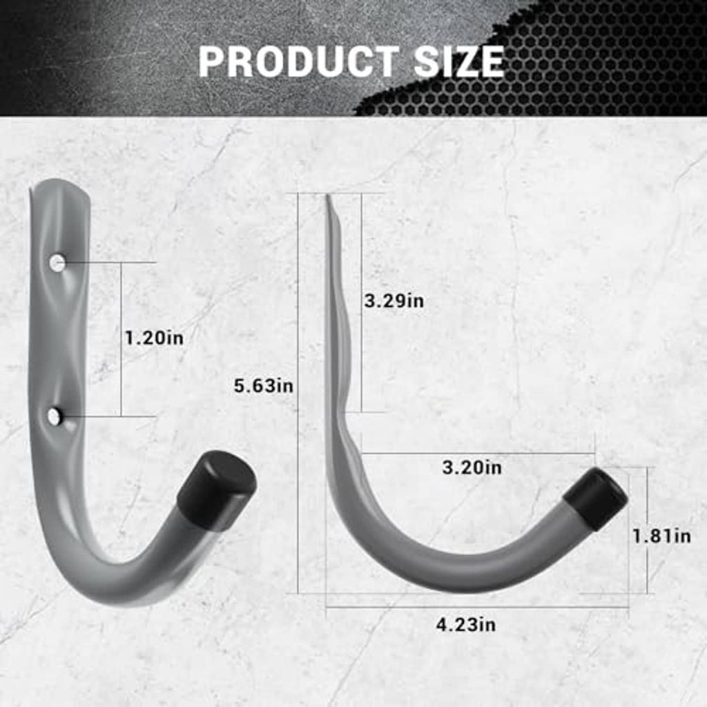 Gray steel wall hook with black rubber end tips and side profile size outline