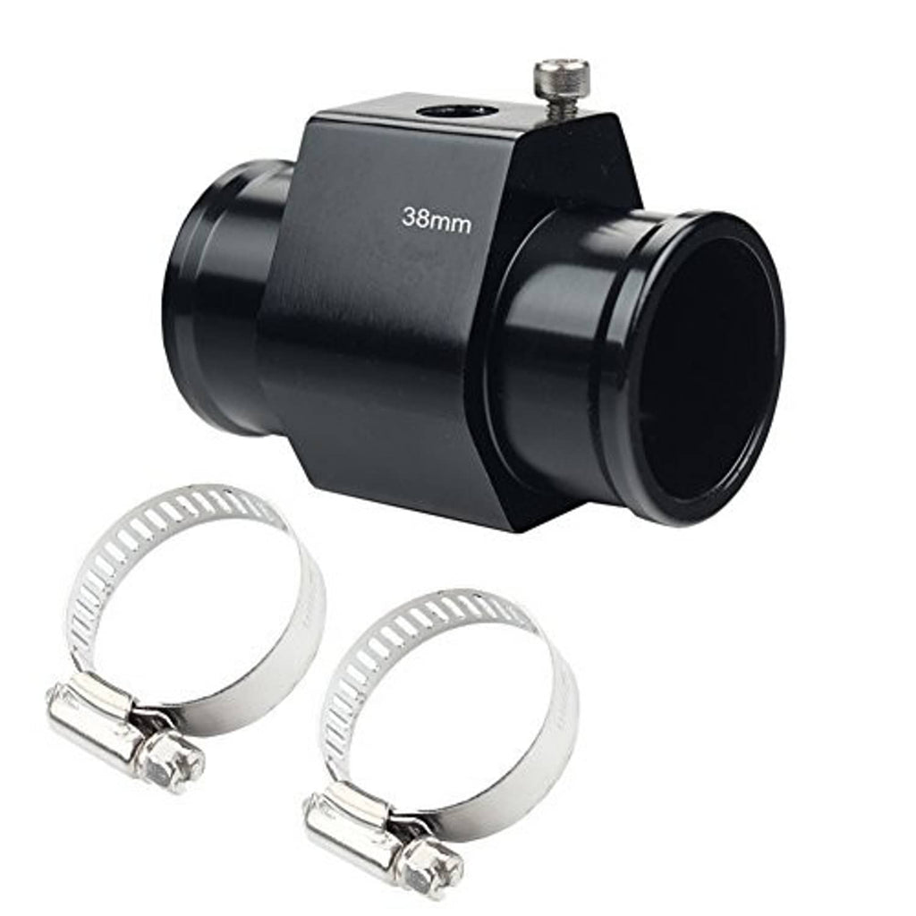 Black 38mm aluminum temp gauge pipe fitting with two metal hose clamps
