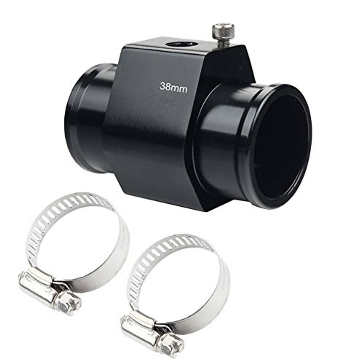 Black 38mm aluminum temp gauge pipe fitting with two metal hose clamps