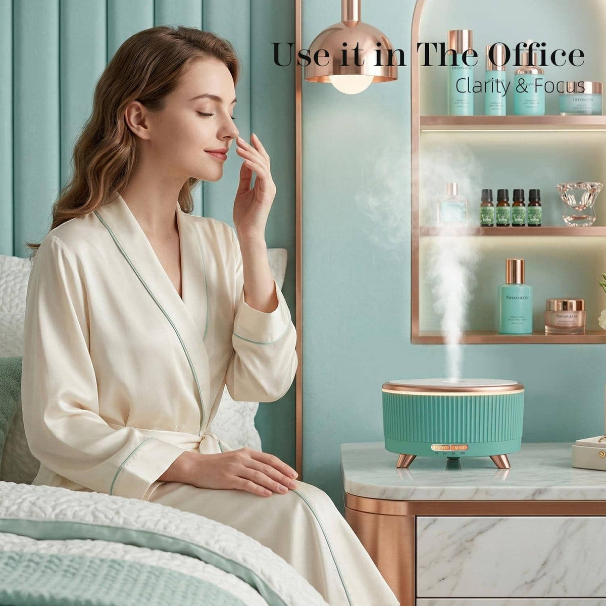 Emerald aqua diffuser on a side table with mist rising beside a sleeping woman