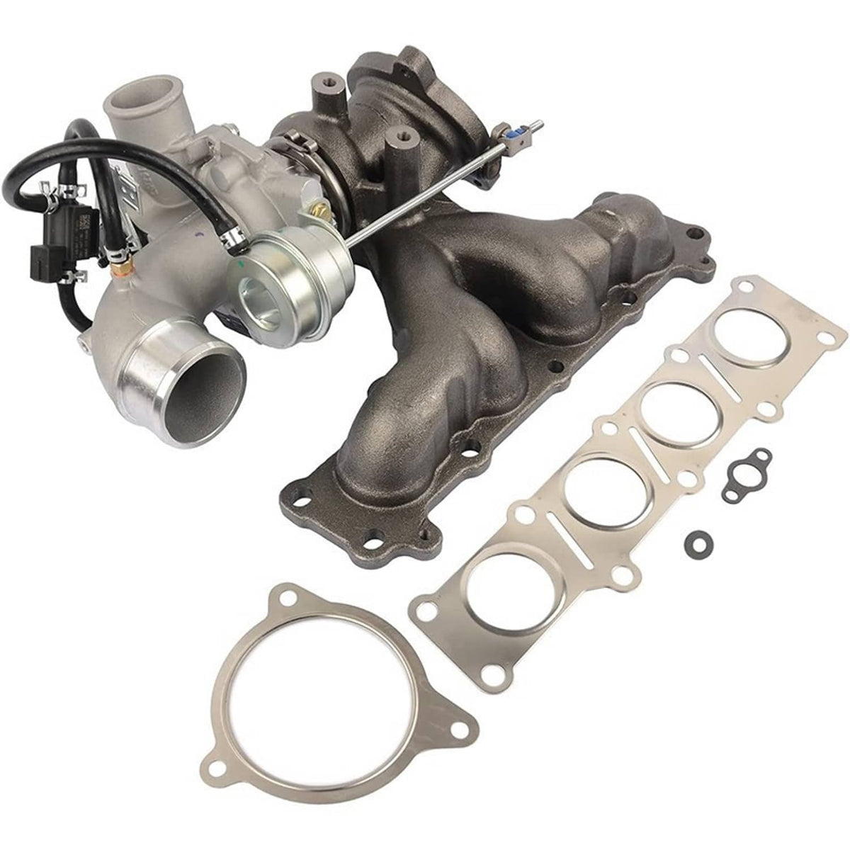 Turbocharger assembly with cast manifold and several engine gasket pieces