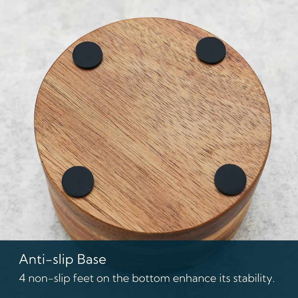 Acacia wood salt cellar lid top with four black anti-slip base feet