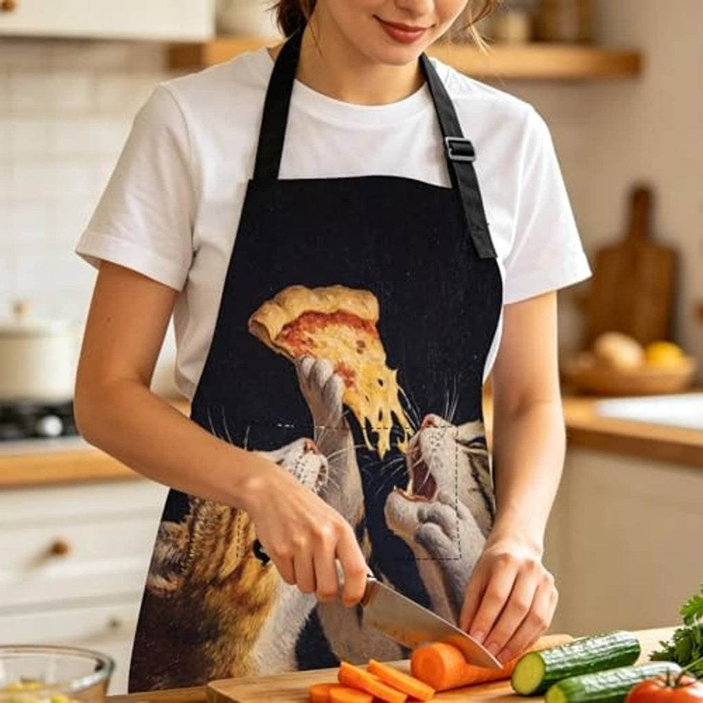 Black kitchen apron worn over a white shirt, cat-and-dog cooking print and strap