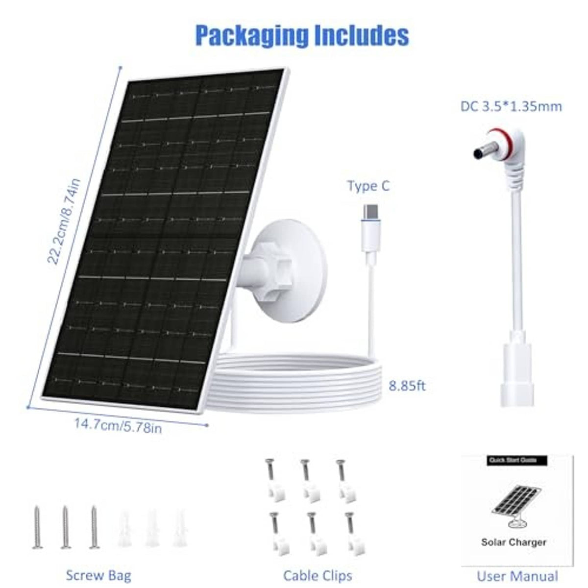 Solar panel charging kit with black panel, circular mount, and included cable accessories