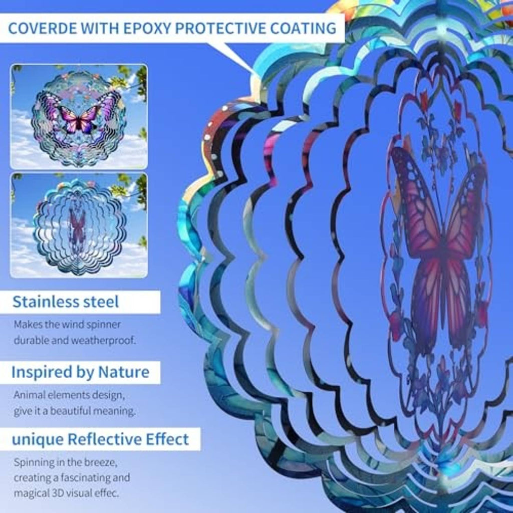Butterfly wind spinner with layered reflective metal rings and butterfly silhouette