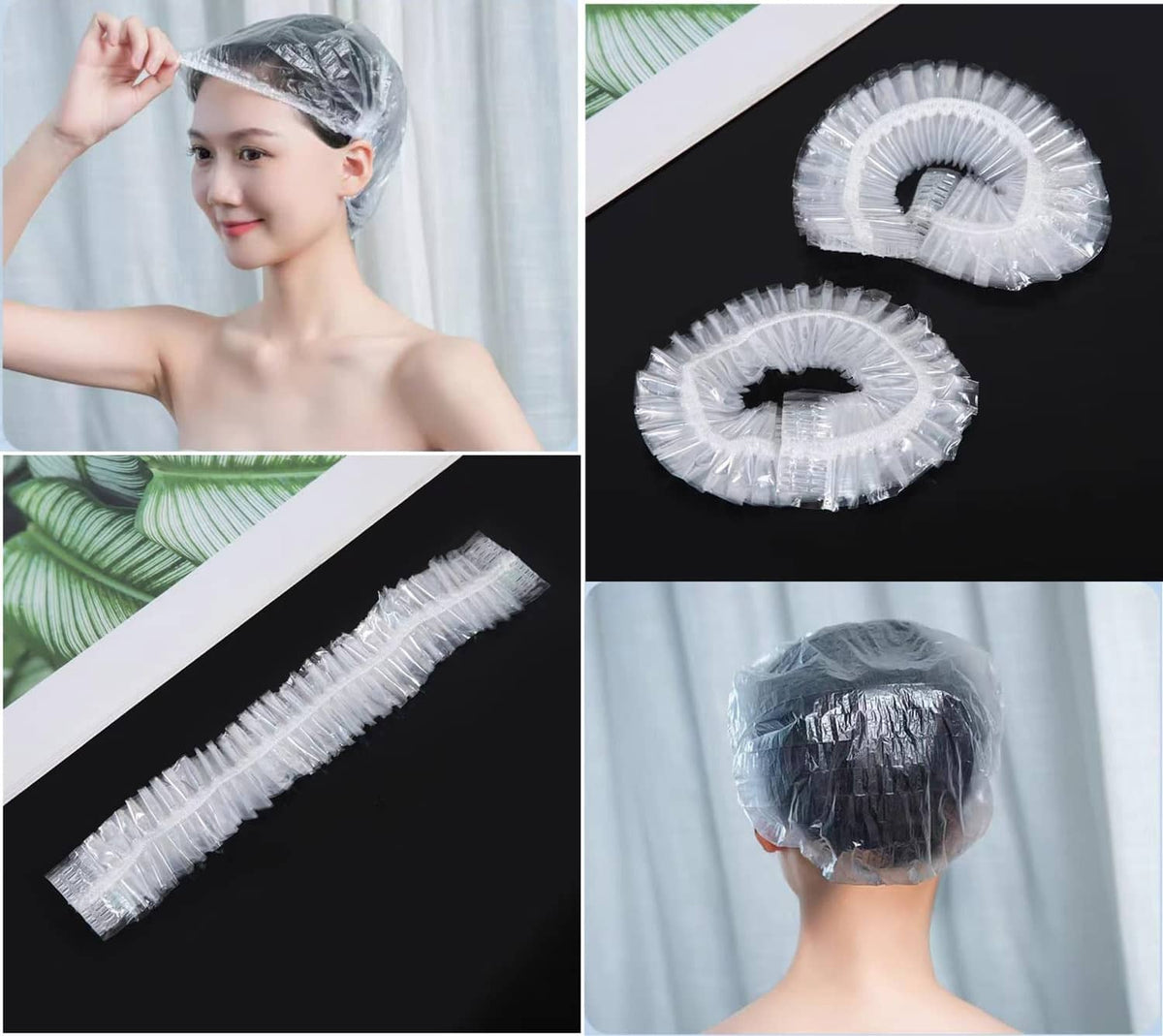 Clear plastic disposable shower cap with elastic band, worn over hair
