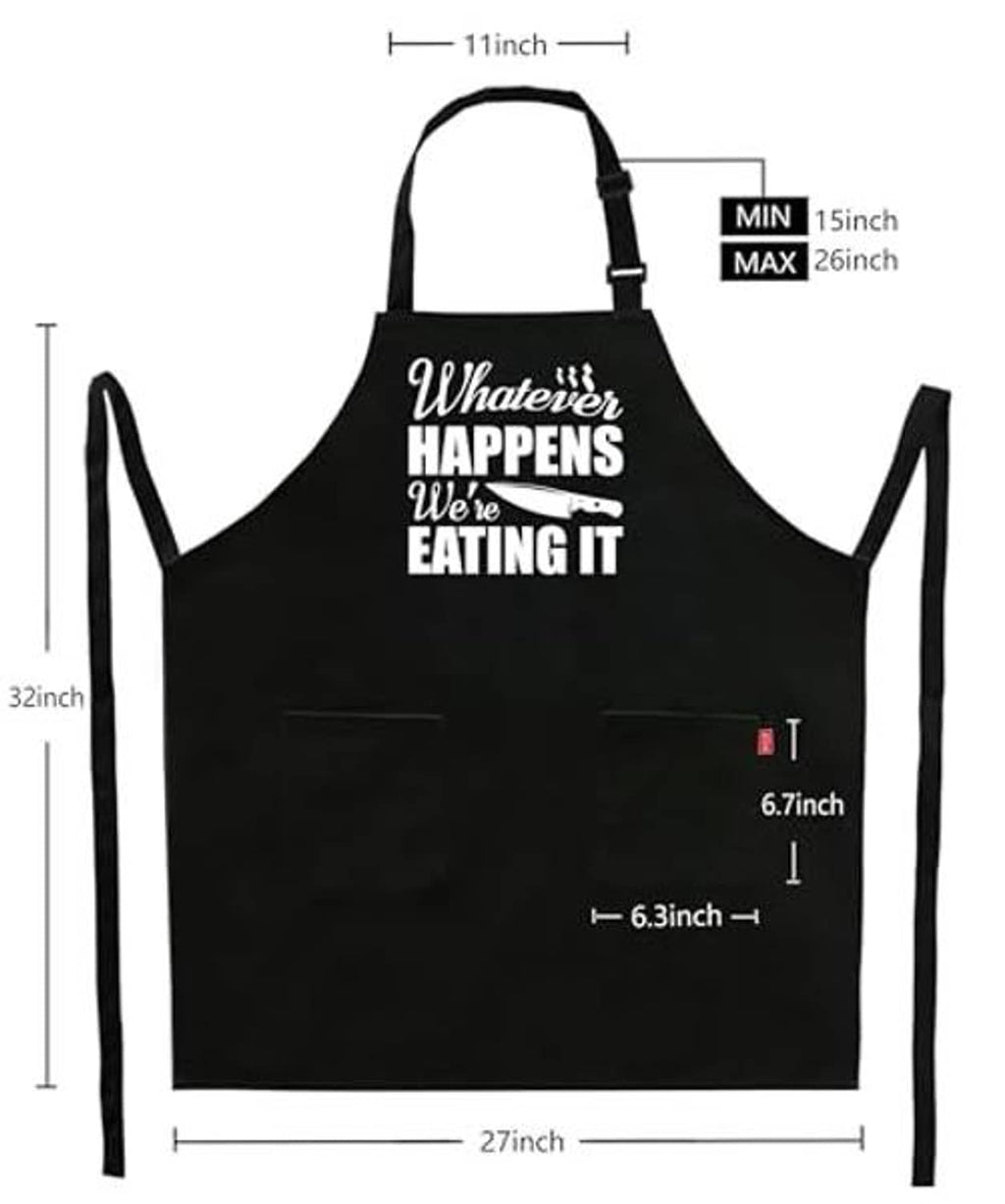 Black grill apron with center 'Whatever happens we're eating it' print and size markers