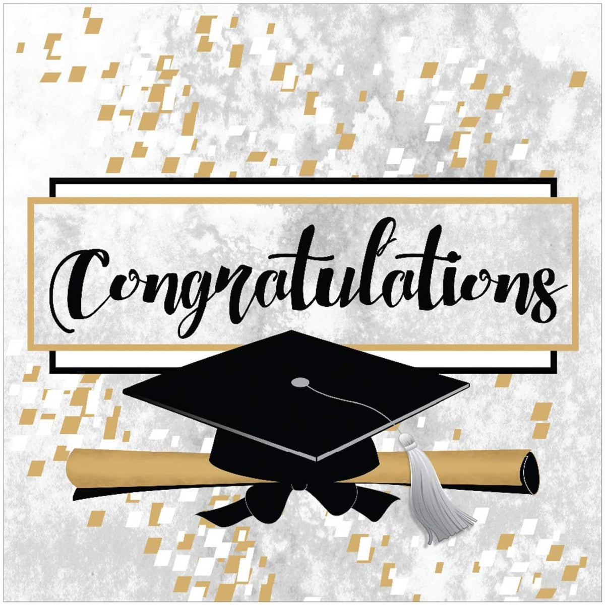 Graduation party paper napkin showing 'Congratulations' and mortarboard cap icon