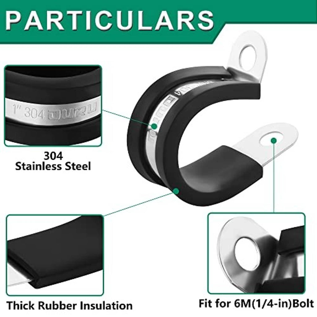 Black rubber-coated stainless cable clamp with mounting holes, 304 steel