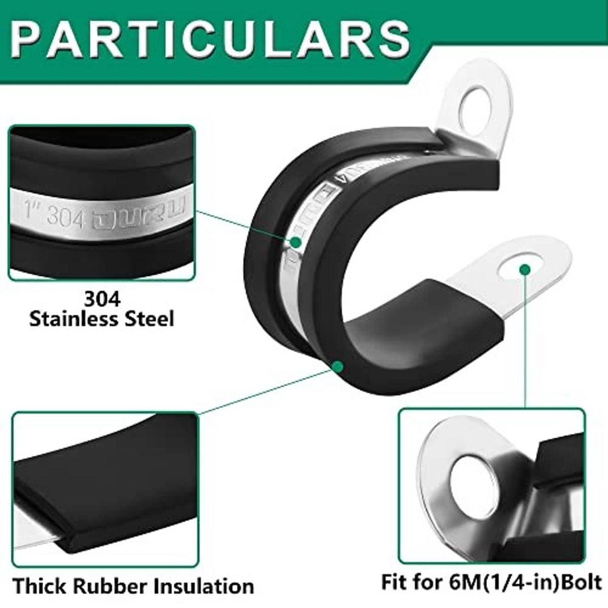Black rubber-coated stainless cable clamp with mounting holes, 304 steel