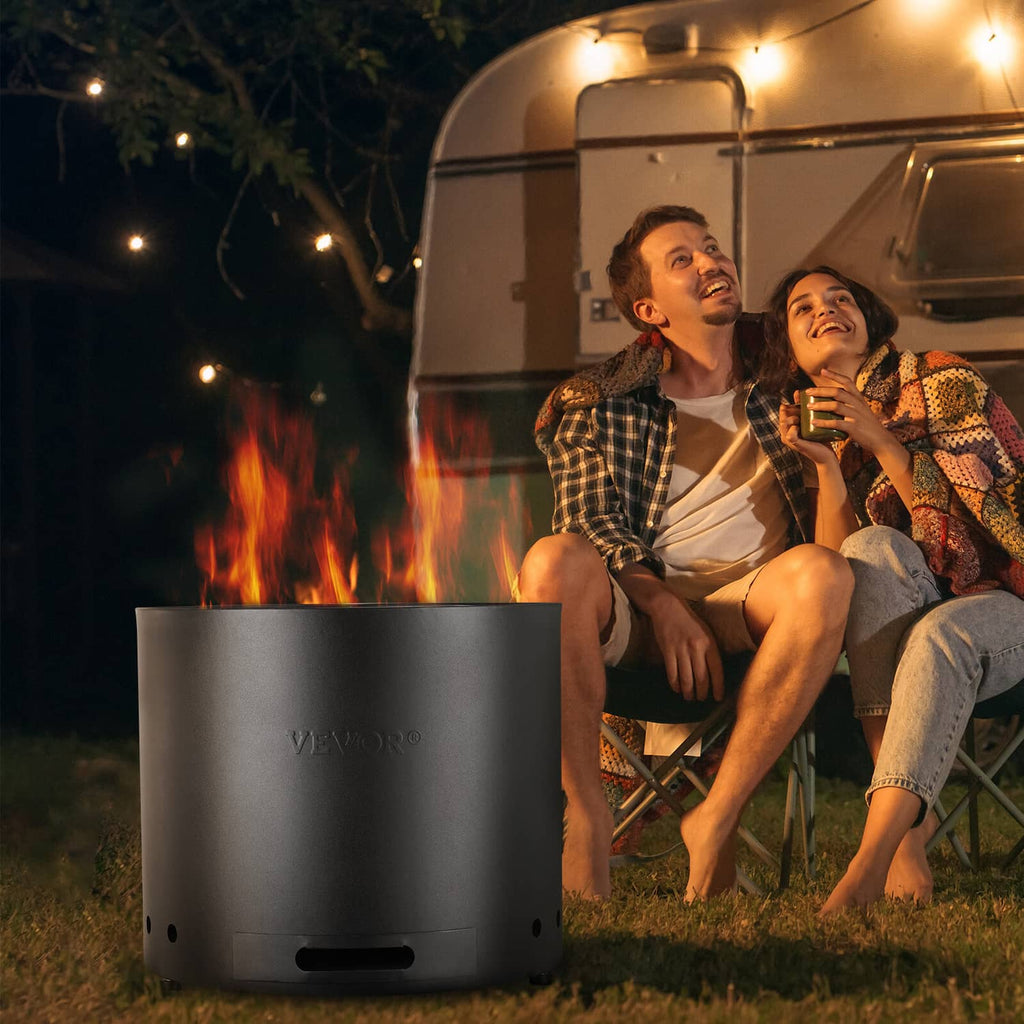 VEVOR smokeless fire pit stove, round black steel body with flames burning at top