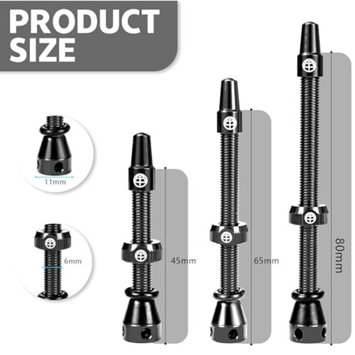 Black alloy tubeless Presta valve stems set, three lengths with threaded shafts and bases