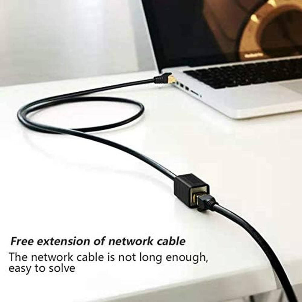 Black Ethernet extension cable with RJ45 plug and yellow contact label