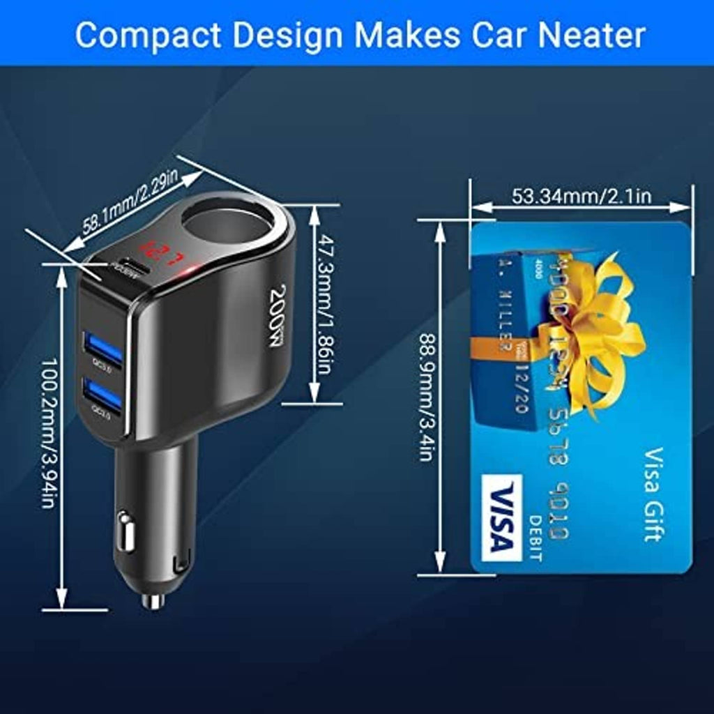 Compact black car cigarette lighter charger splitter with USB-C and USB-A ports, 200W style