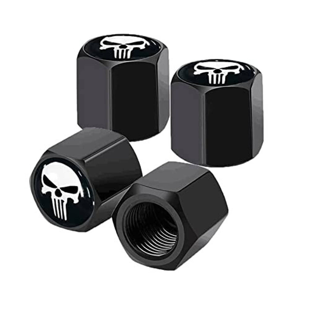Skull tire valve stem caps (4-pack) in black, hex shape with white skull emblem