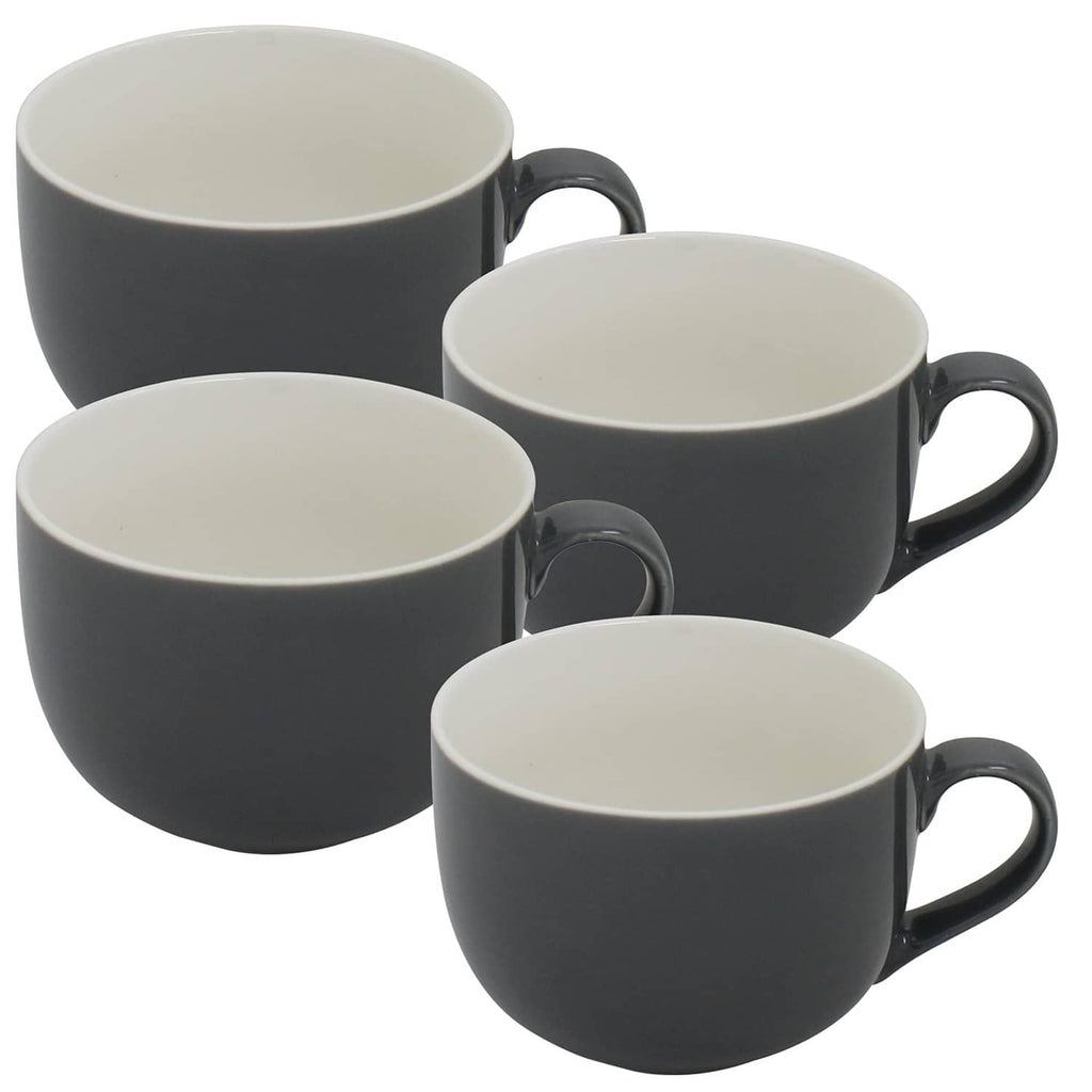 Set of four gray ceramic coffee soup mugs with white interiors and loop handles