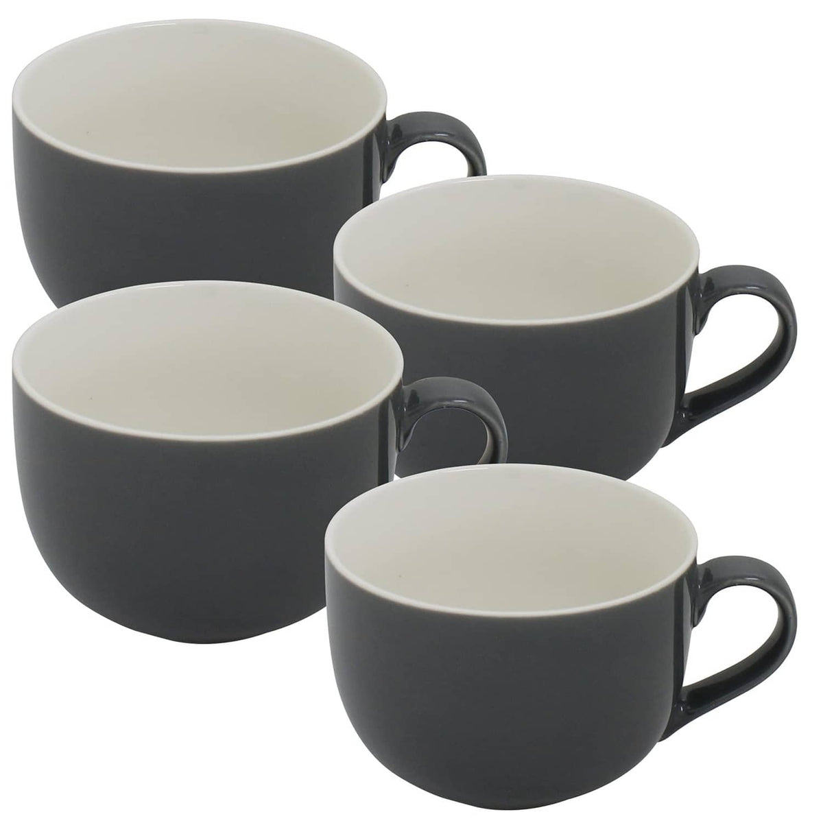 Set of four gray ceramic coffee soup mugs with white interiors and loop handles