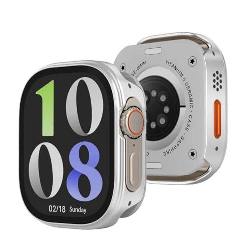 Silver 3-in-1 metal case on Apple Watch Ultra with side orange accent