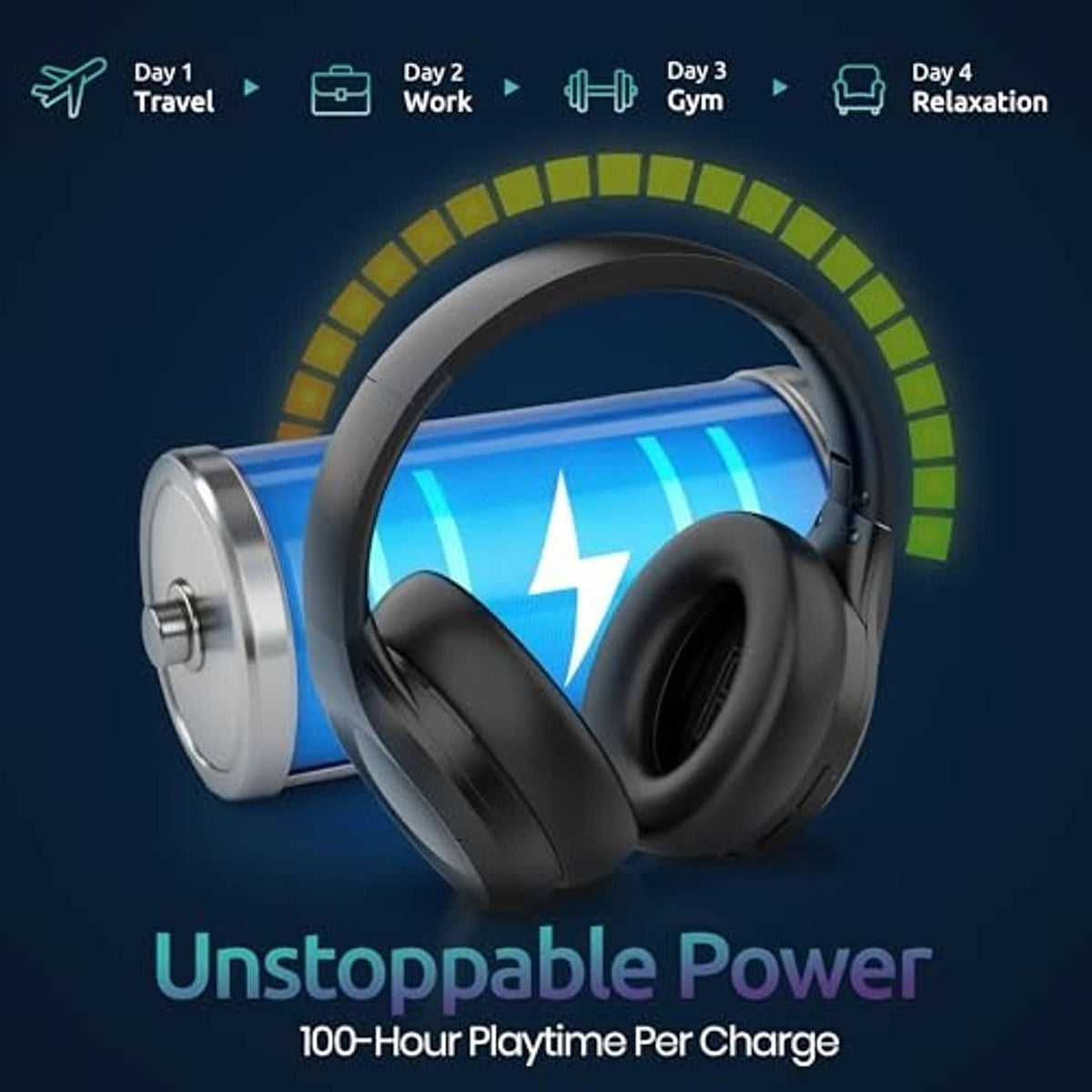 Black over-ear noise-cancelling headphones beside charging power graphic