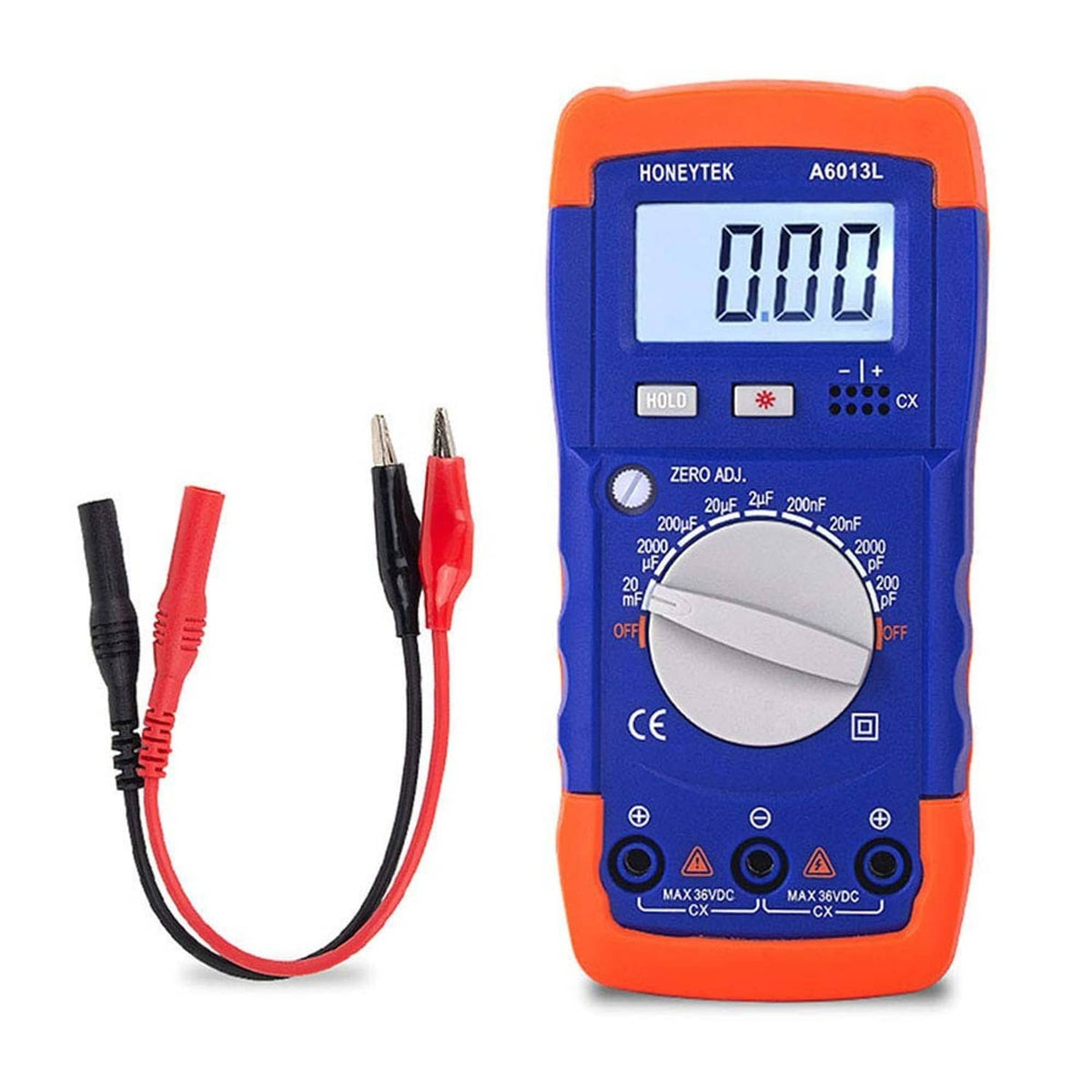 Handheld Honeytek capacitor tester with orange and blue casing, LCD readout