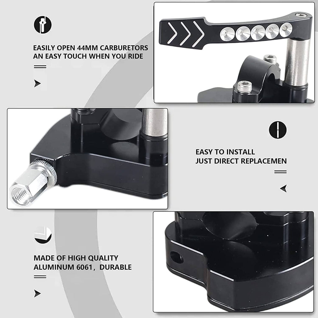 Billet thumb throttle with black base, silver stem, and arrow plate with crystal-look buttons