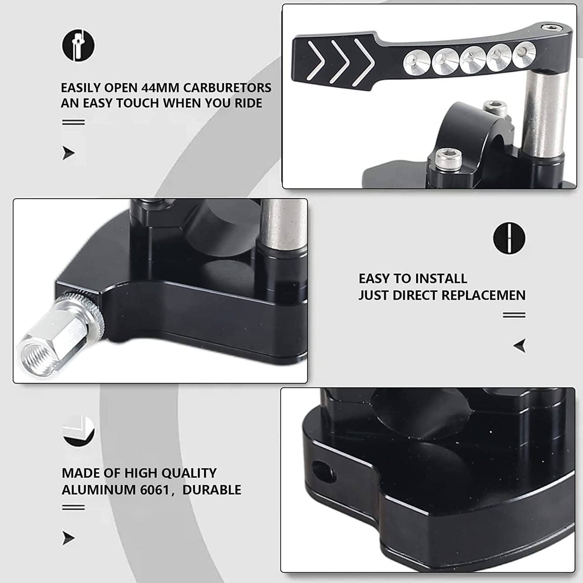 Billet thumb throttle with black base, silver stem, and arrow plate with crystal-look buttons