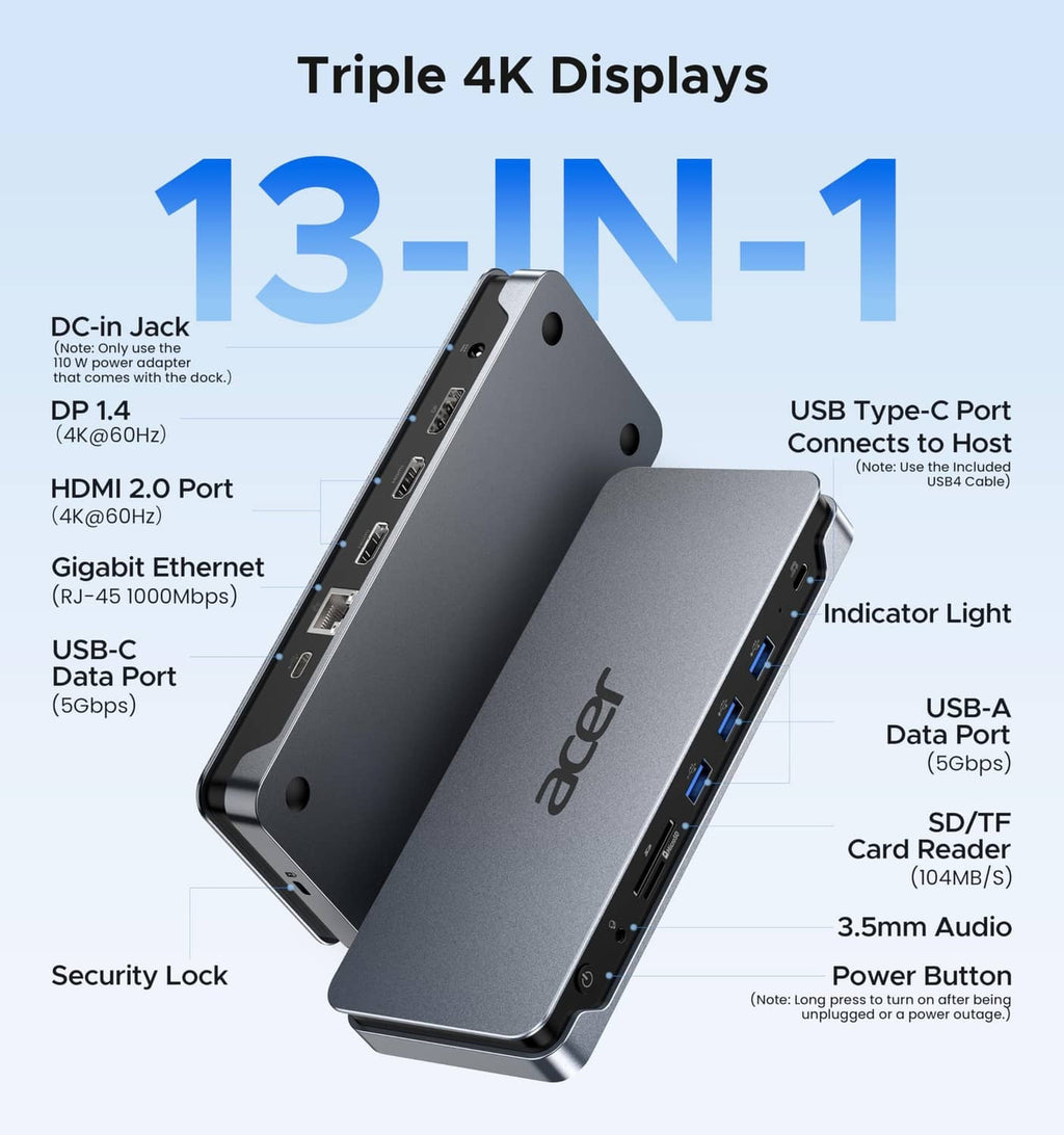 Acer USB-C docking station with front USB-A ports and side video outputs