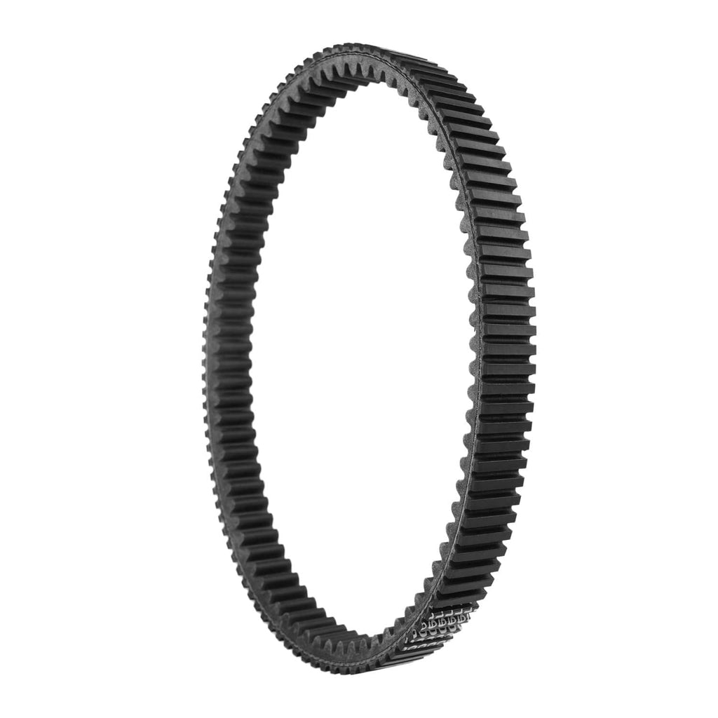 Angled drive belt showing toothed ribs and ridged sides, dark rubber