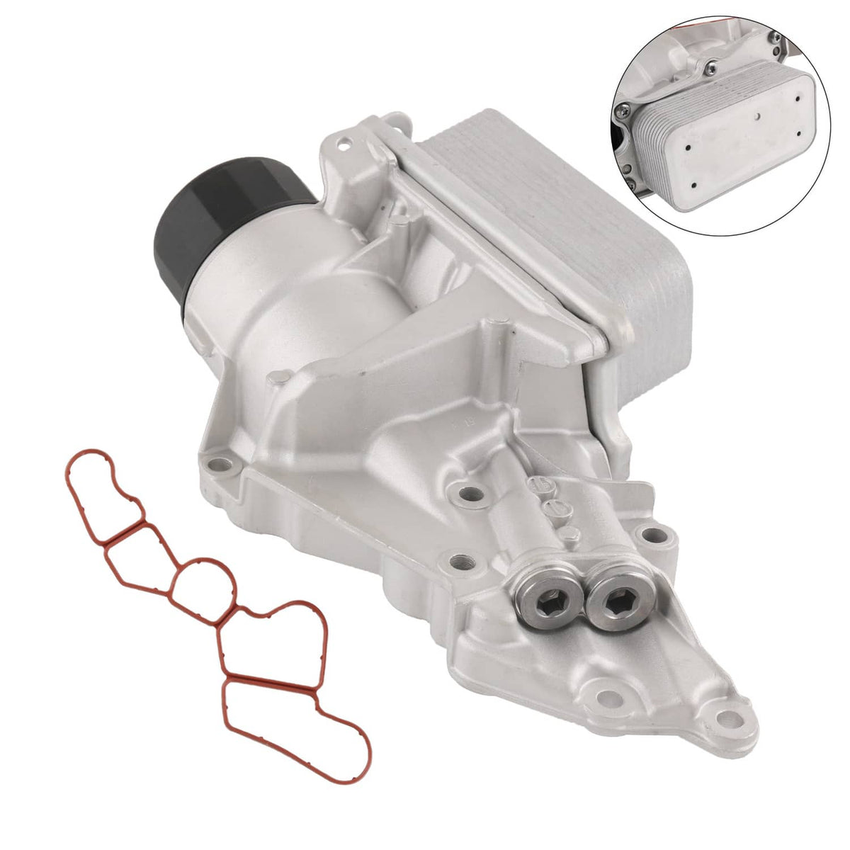 Engine oil filter housing with cooler, silver metal body and black intake cap