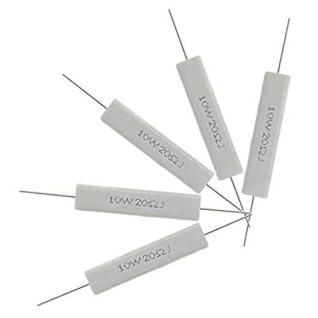 Ceramic power resistors, 10W 20 ohm, five gray cement resistors with wire leads