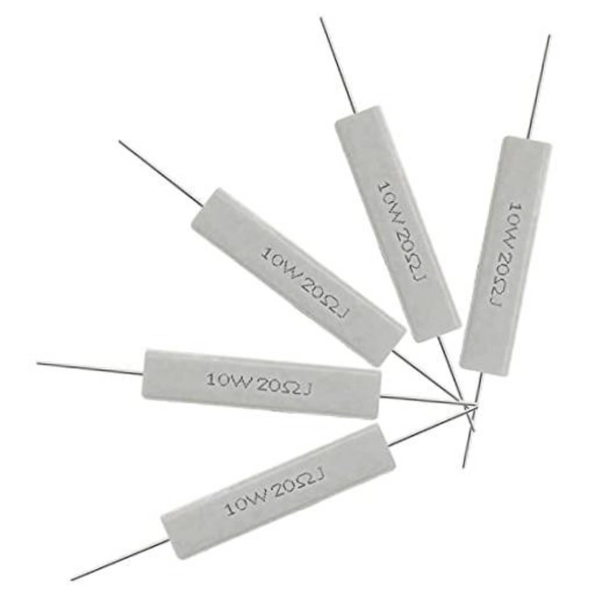 Ceramic power resistors, 10W 20 ohm, five gray cement resistors with wire leads