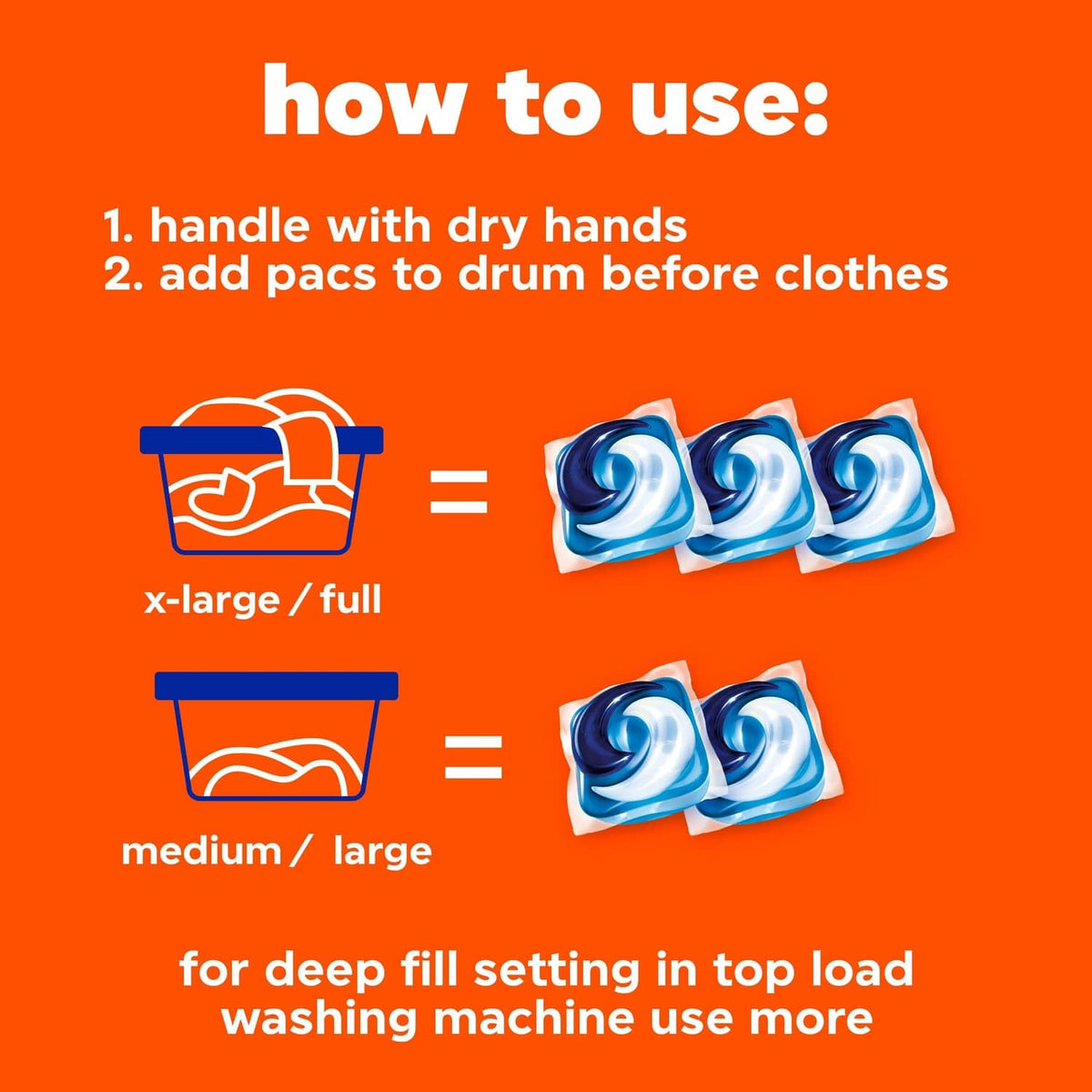 Laundry detergent pods usage guide with x-large and medium/large dose icons