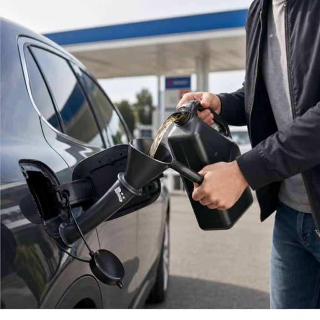 Tethered gas capless dust cover and fuel funnel being fitted at a car fuel port