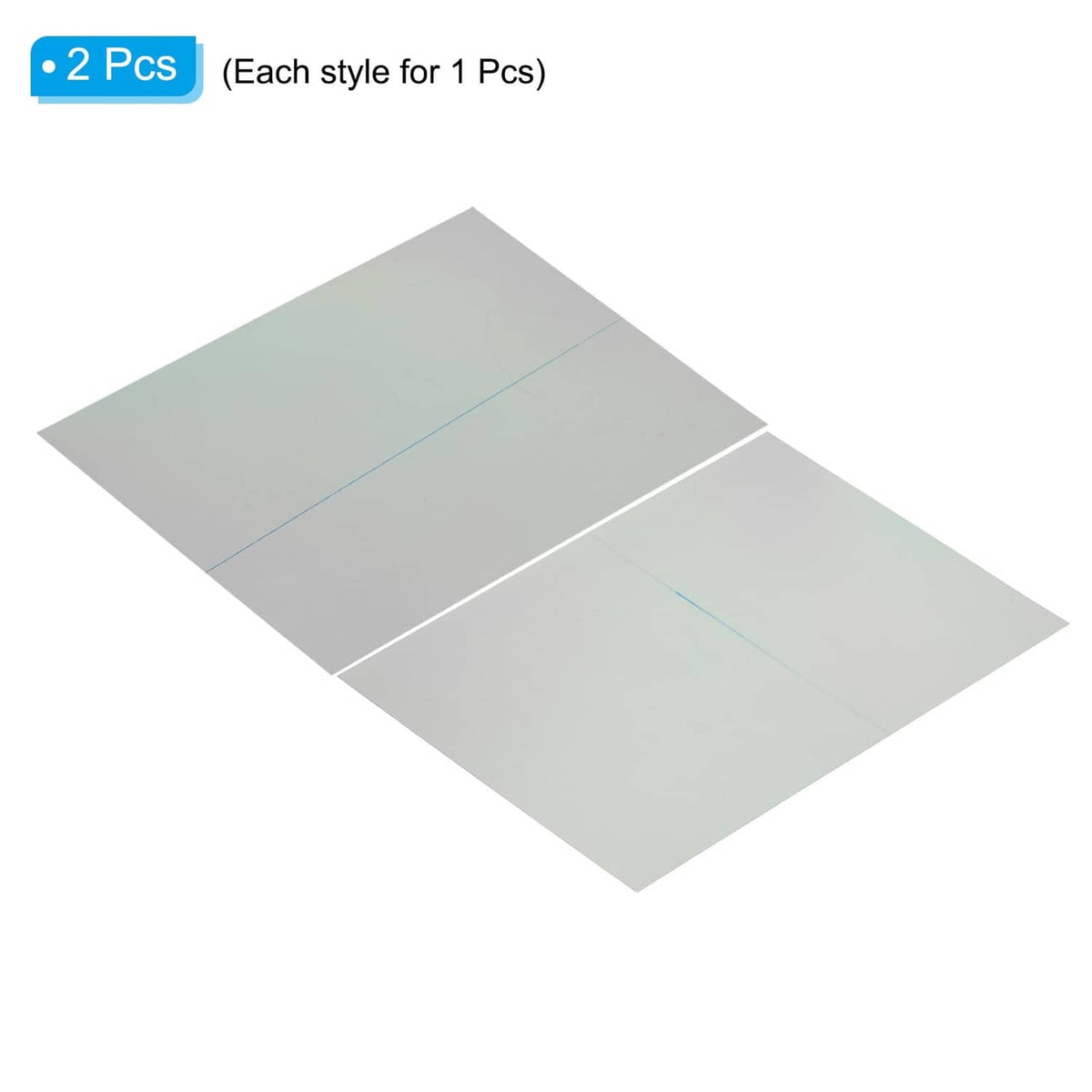 Pair of translucent polarizer film sheets with diagonal polarization lines, adhesive-ready