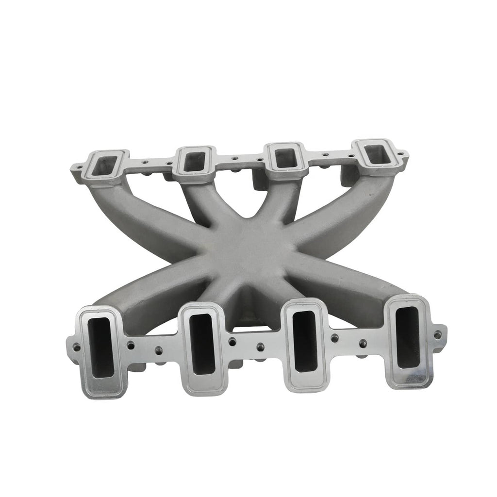 Single-plane intake manifold, gray cast metal with runner ports along the flange edges
