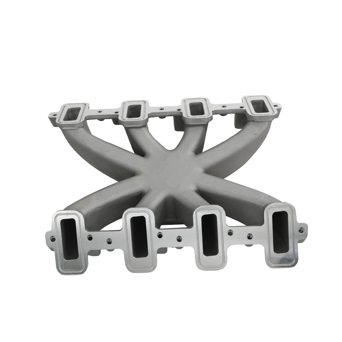 Single-plane intake manifold, gray cast metal with runner ports along the flange edges