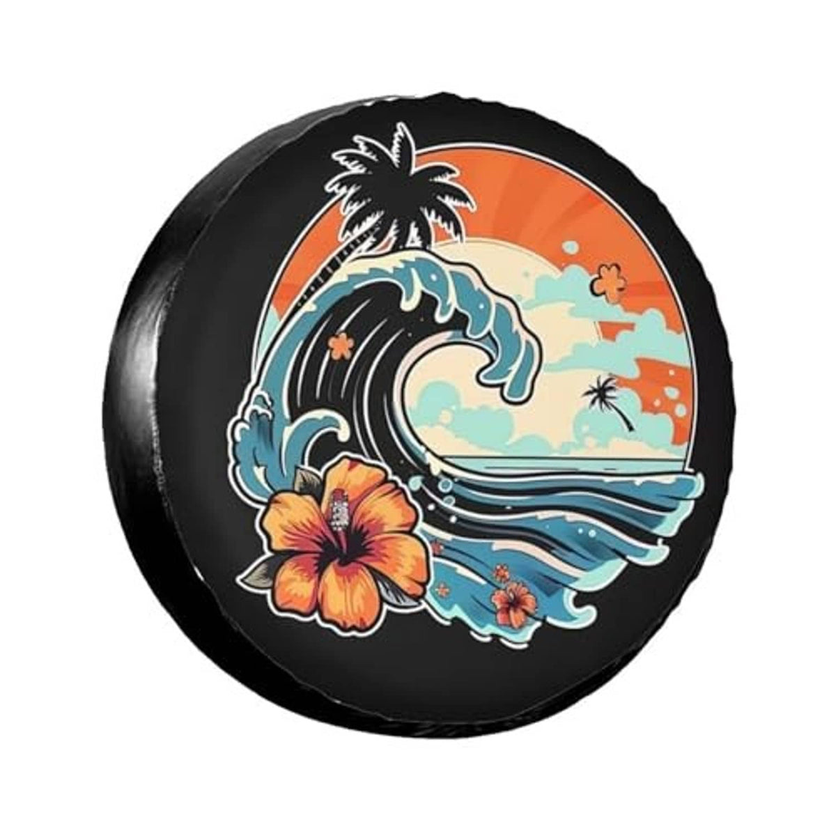 Black spare tire cover close-up with retro beach waves, palm tree and hibiscus flower