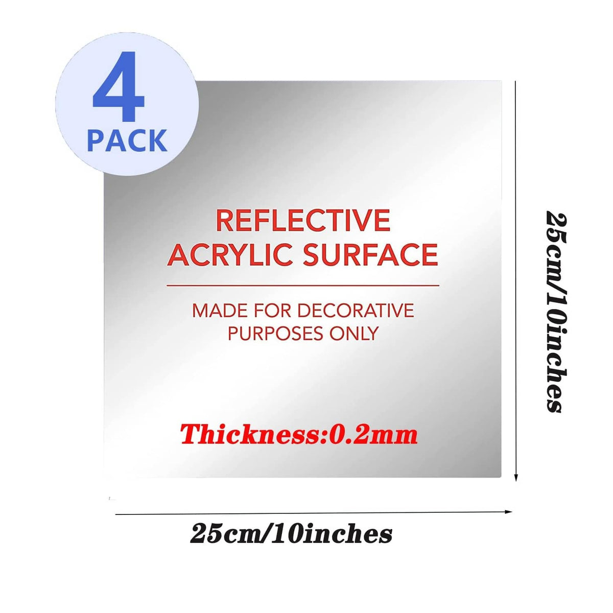10x10 in square reflective acrylic mirror tile, 0.2mm thick