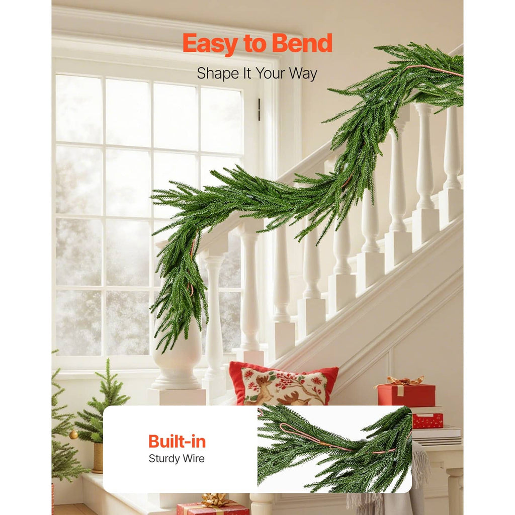 Artificial green pine garland with built-in sturdy wire, shaped into a loop