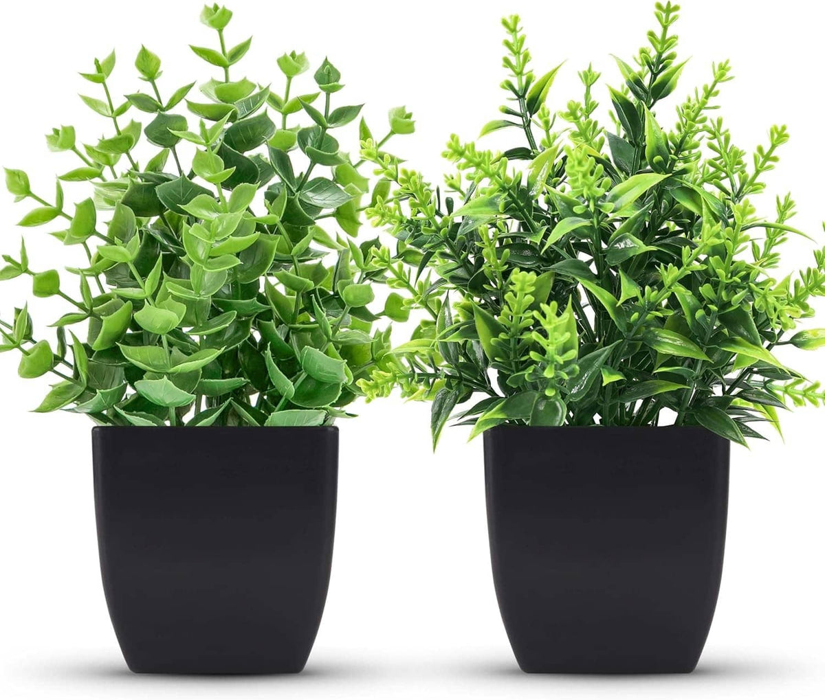 Set of two small faux plants in black pots with leafy green foliage