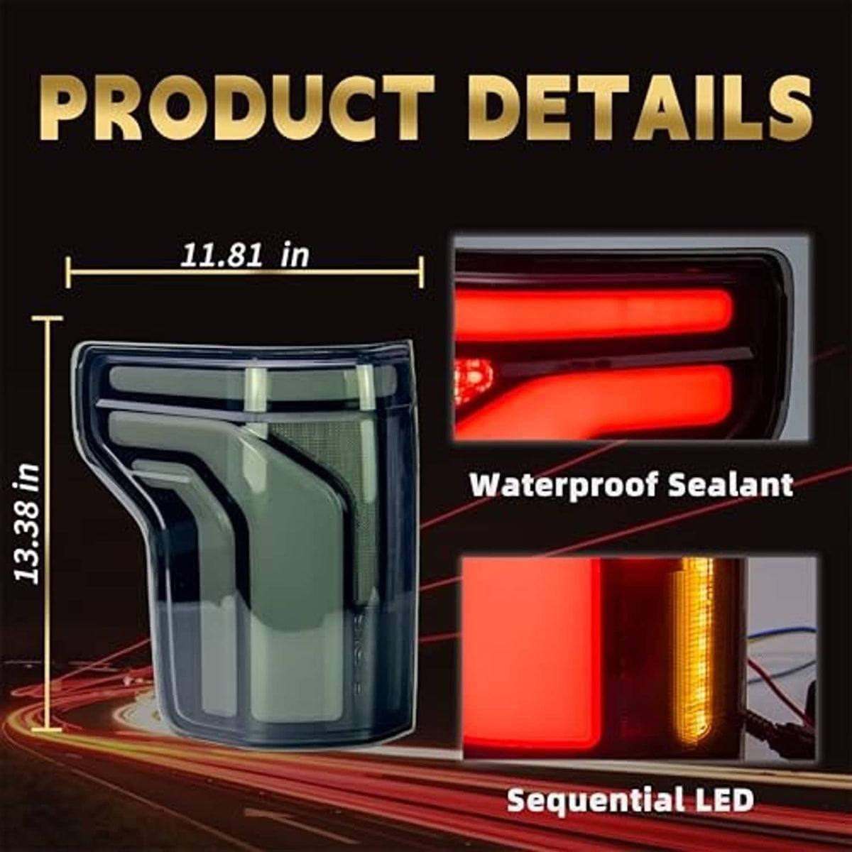 LED tail light with red horizontal LED bar and amber vertical section, clear lens
