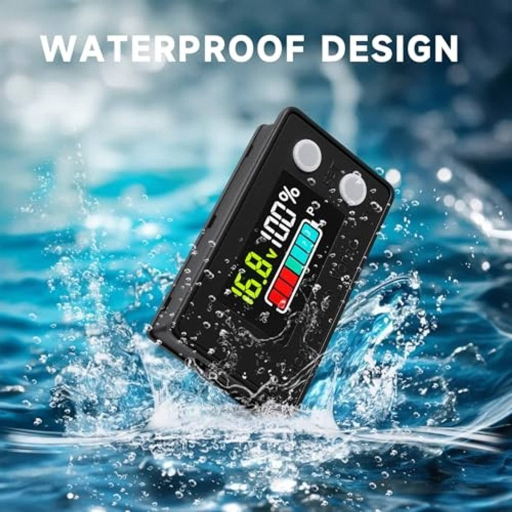 Waterproof battery monitor with LCD showing green voltage value, bar graph, black case