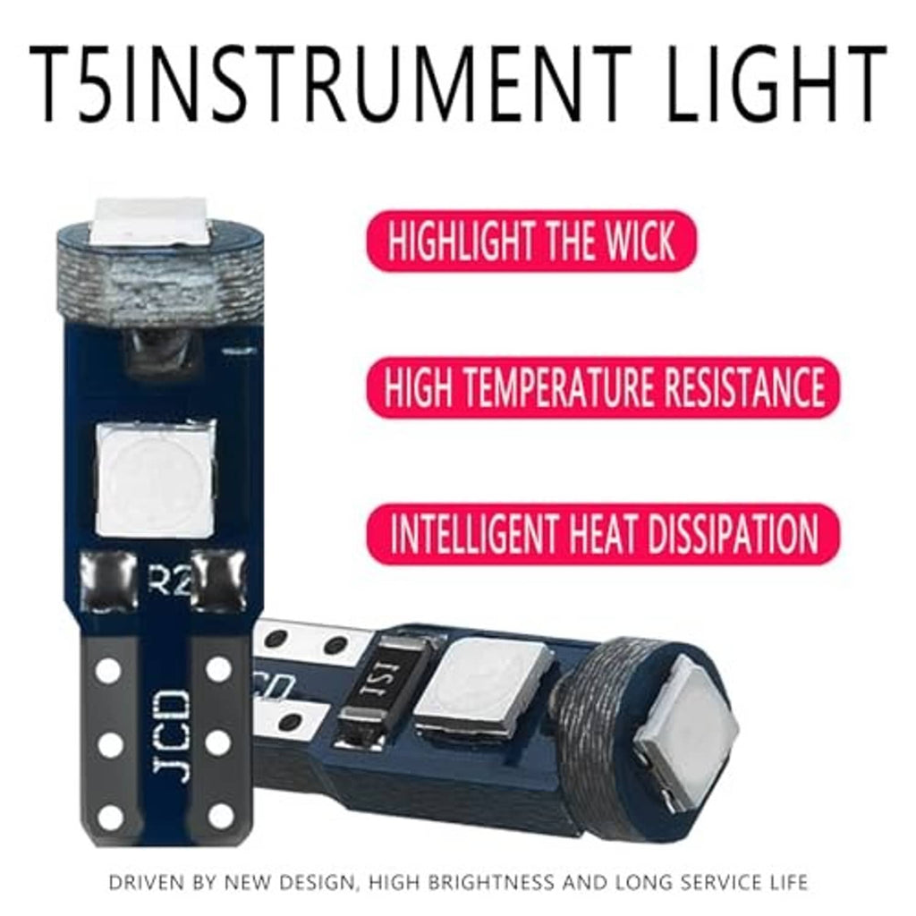 T5 instrument light LED bulb, blue PCB with white LED cover, two-pinned base