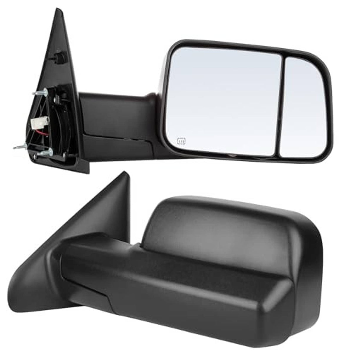 Black side towing mirror replacement with two-piece window and aerodynamic housing