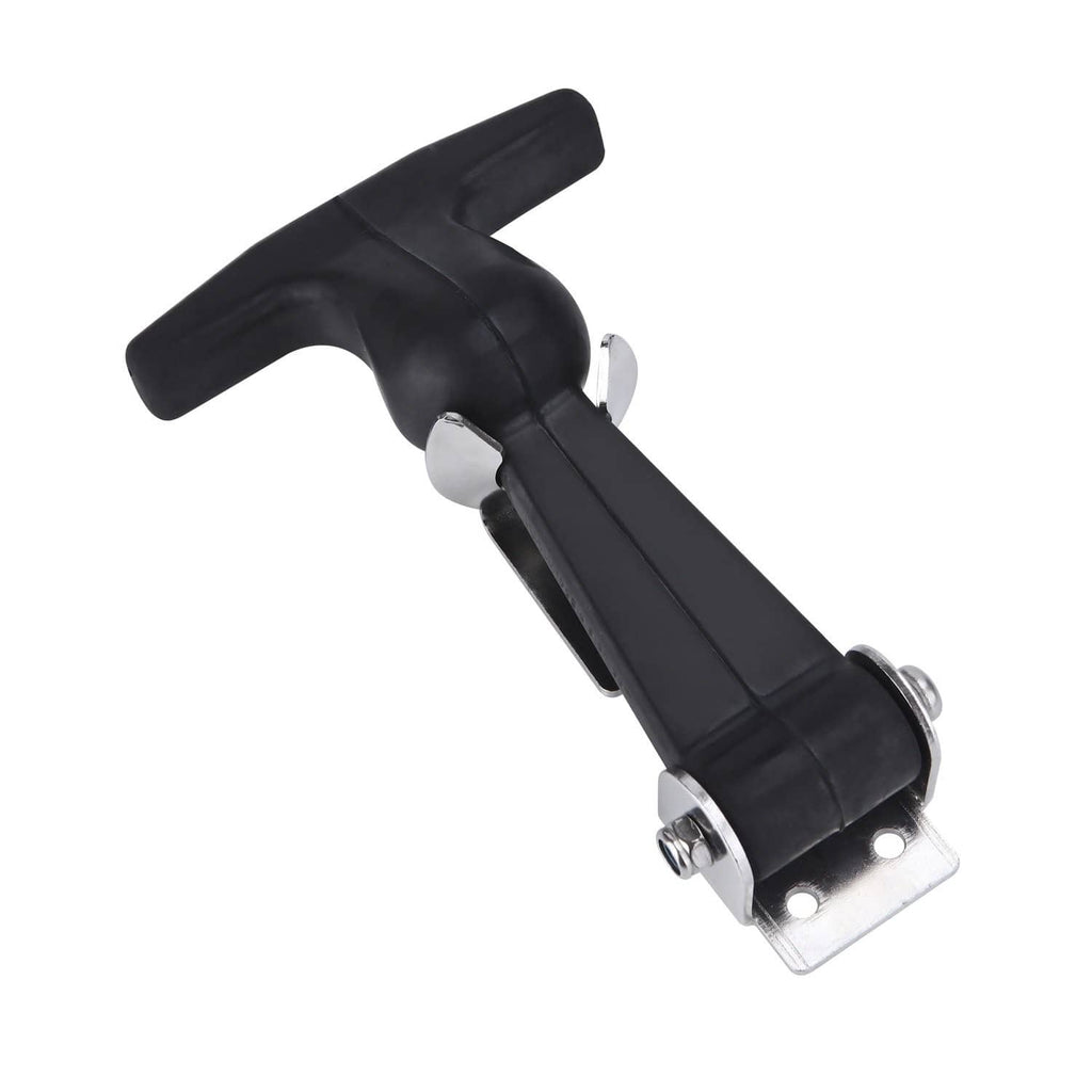 Black rubber T-handle draw latch with curved handle and metal mounting plate