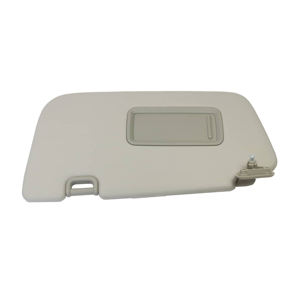 Light gray driver-side sun visor with front mirror bezel and latch loop