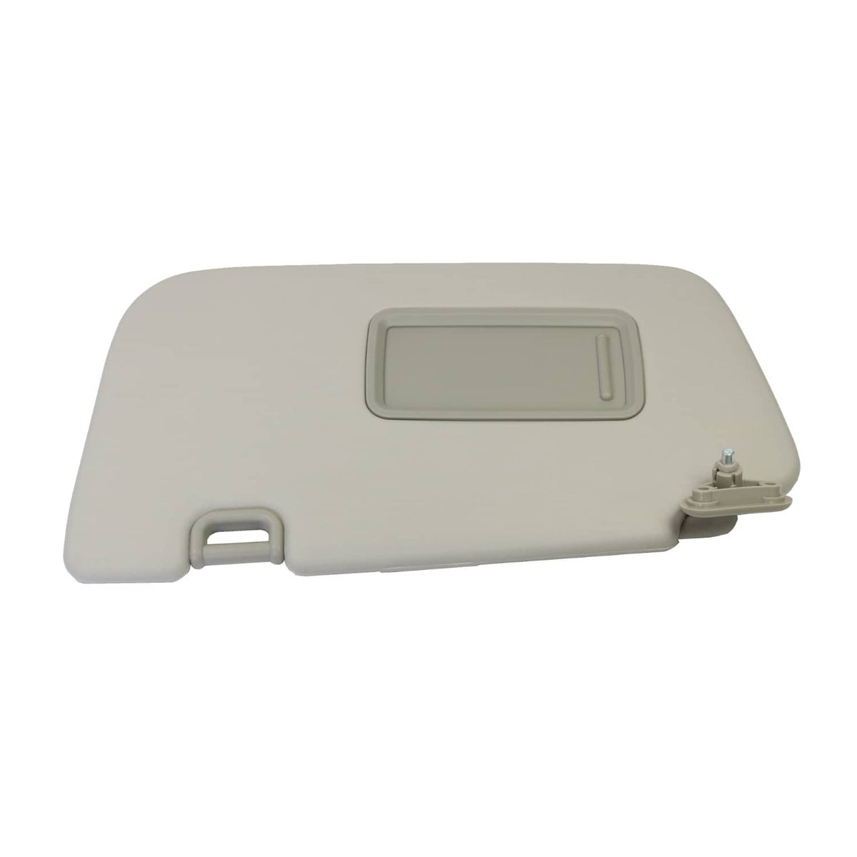 Light gray driver-side sun visor with front mirror bezel and latch loop