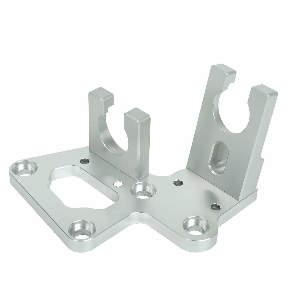 Silver trans shifter cable bracket with U-shaped cable guides and mounting holes