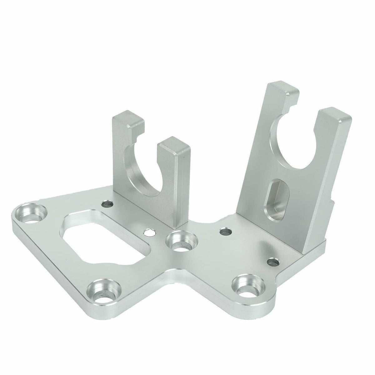 Silver trans shifter cable bracket with U-shaped cable guides and mounting holes
